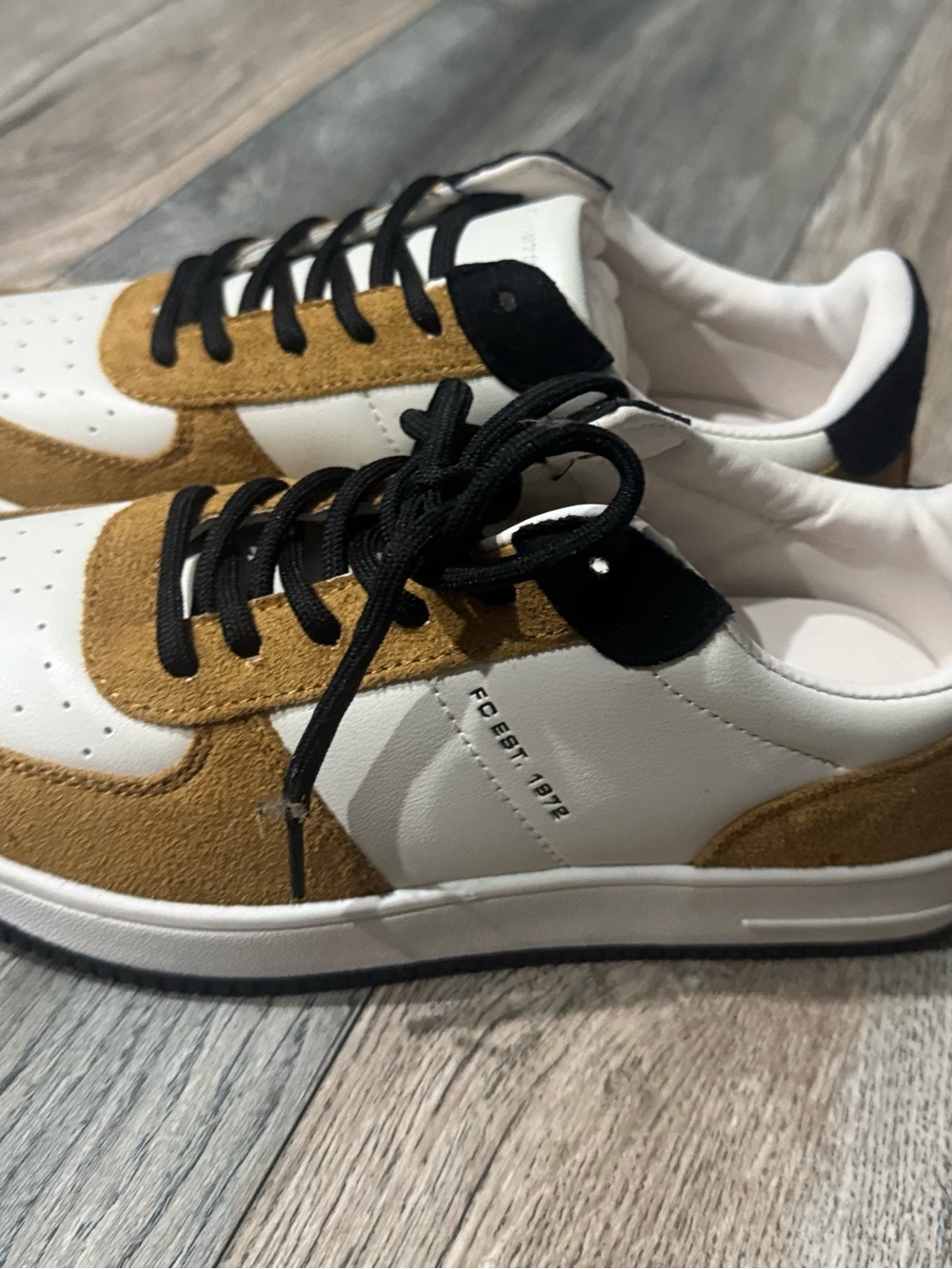 French Connection White and Brown Low-Top Sneakers with Black Accents